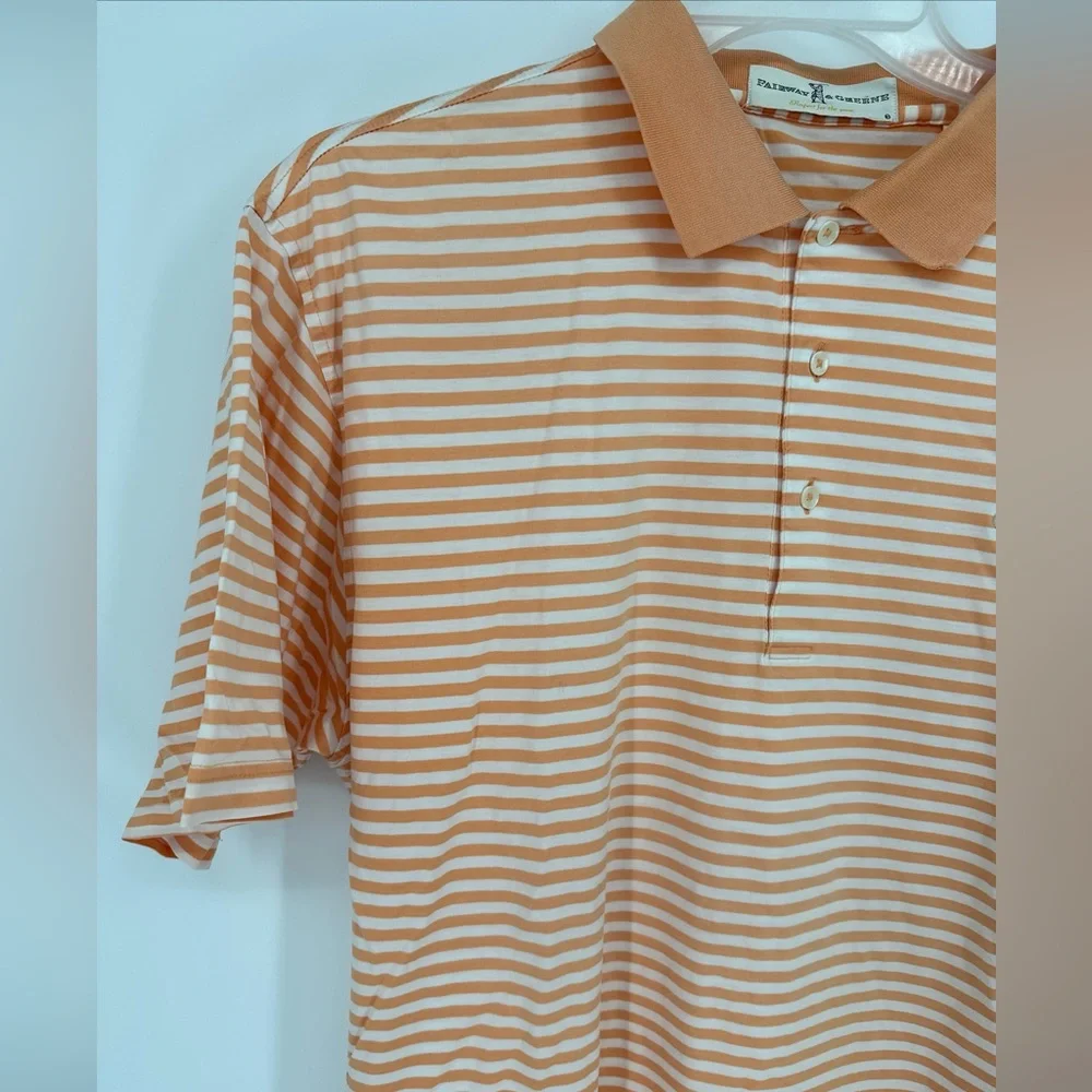 Fairway & Greene Golf Polo Shirt Men's L Peach White Striped‎ Champions Retreat